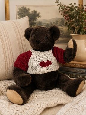 Vtg Holiday Teddy Bear Chocolate Brown Fully Jointed Posable 12”-22” valentines
